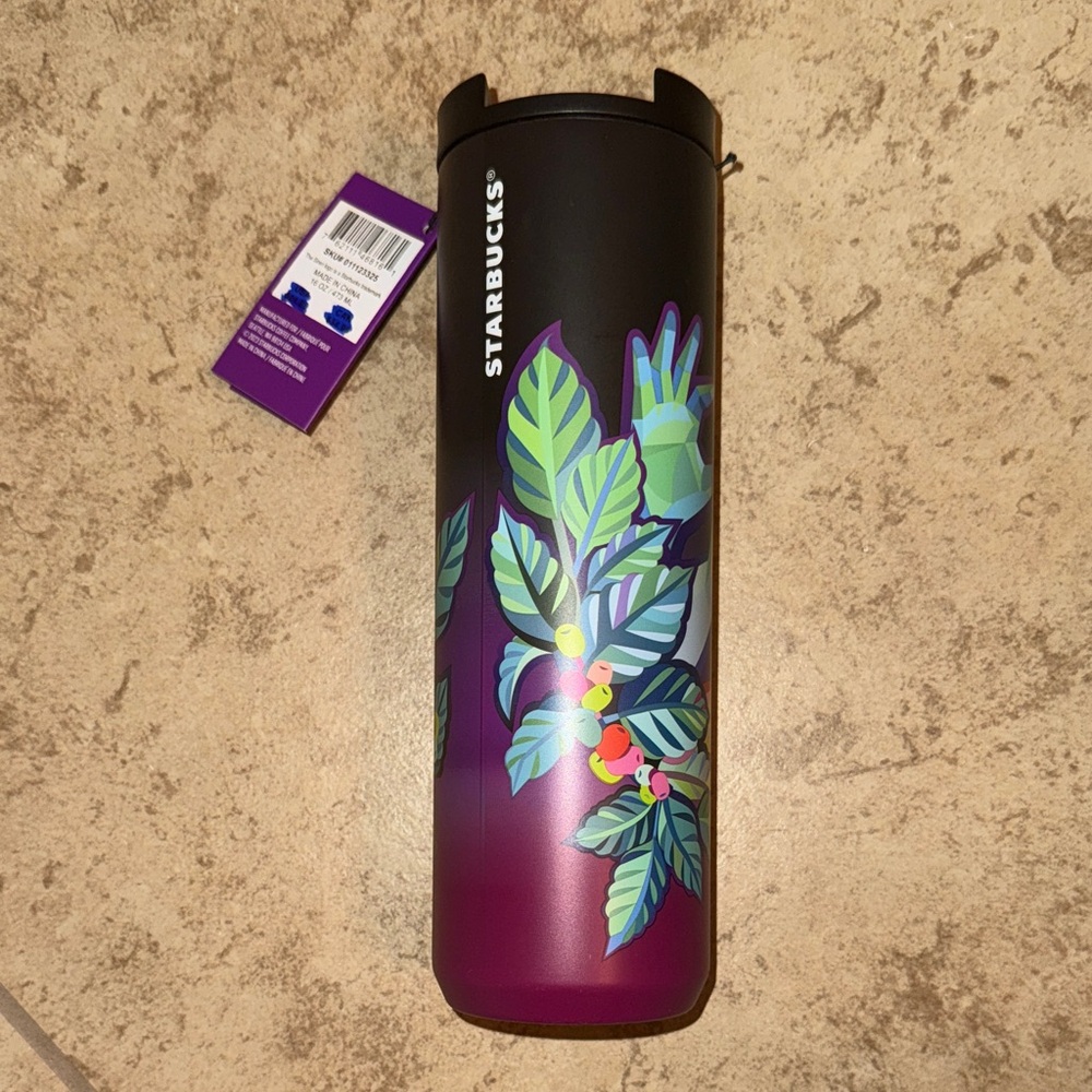 Starbucks Black and Purple Tumbler with Leaf Motif and Sign Language